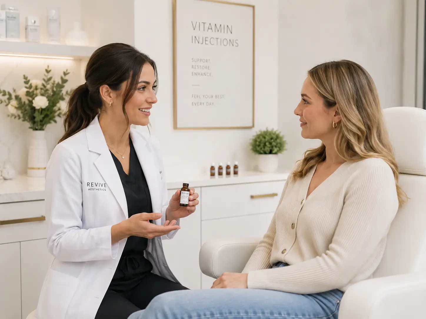 Vitamin injection consultation with clinician and client